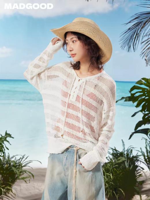 马得工地/MDGDMY222401/条纹镂空仿麻曲毛衣罩衫 商品图2