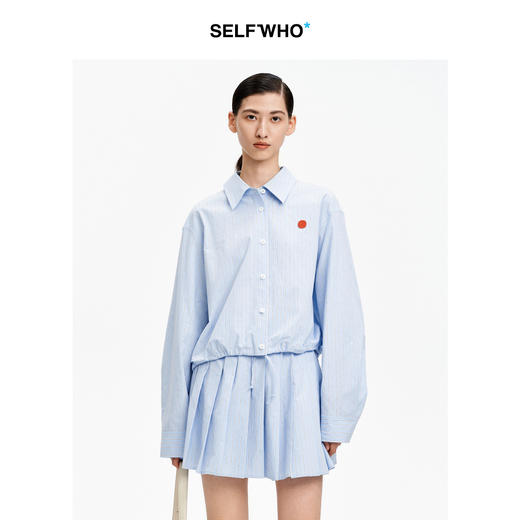 SELFWHO纯棉蓝色条纹衬衫女2026春新款翻领宽松简约通勤长袖上衣 商品图0