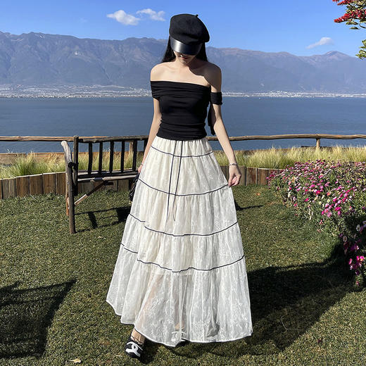 法式浪漫蕾丝边压褶半身裙女春季新款松紧腰遮胯宽松垂感大摆长裙   	 NDK-J3280 商品图2