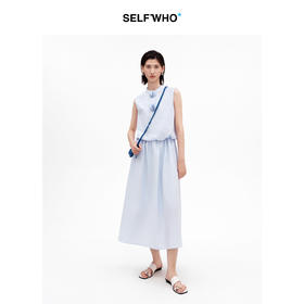 SELFWHO棉混纺简约书页球装饰无袖连衣裙女2025夏新款收腰A摆长裙