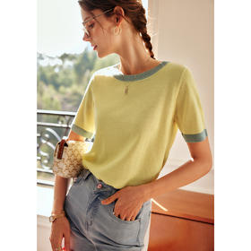 OLrain欧芮儿法式黄色针织衫女夏季宽松撞色亮丝套头衫