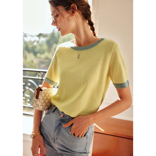 OLrain欧芮儿法式黄色针织衫女夏季宽松撞色亮丝套头衫 商品图0