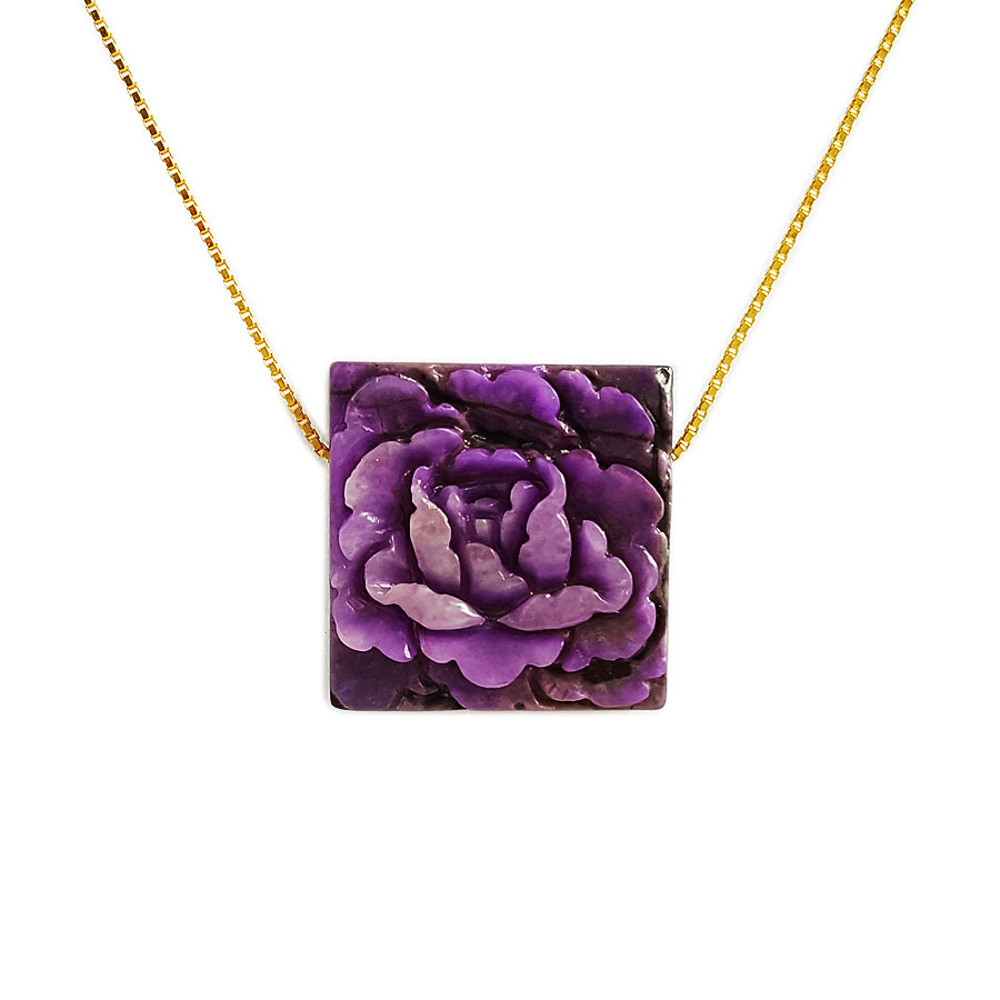 【天然正品】天然皇家紫雕牡丹花造型方形舒俱来（花开富贵）吊坠项链230126NJM30