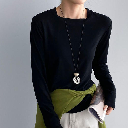 雀说百搭实穿~早春韩系纯色内搭圆领亲肤弹力长袖打底T恤女N8223WAL 商品图4