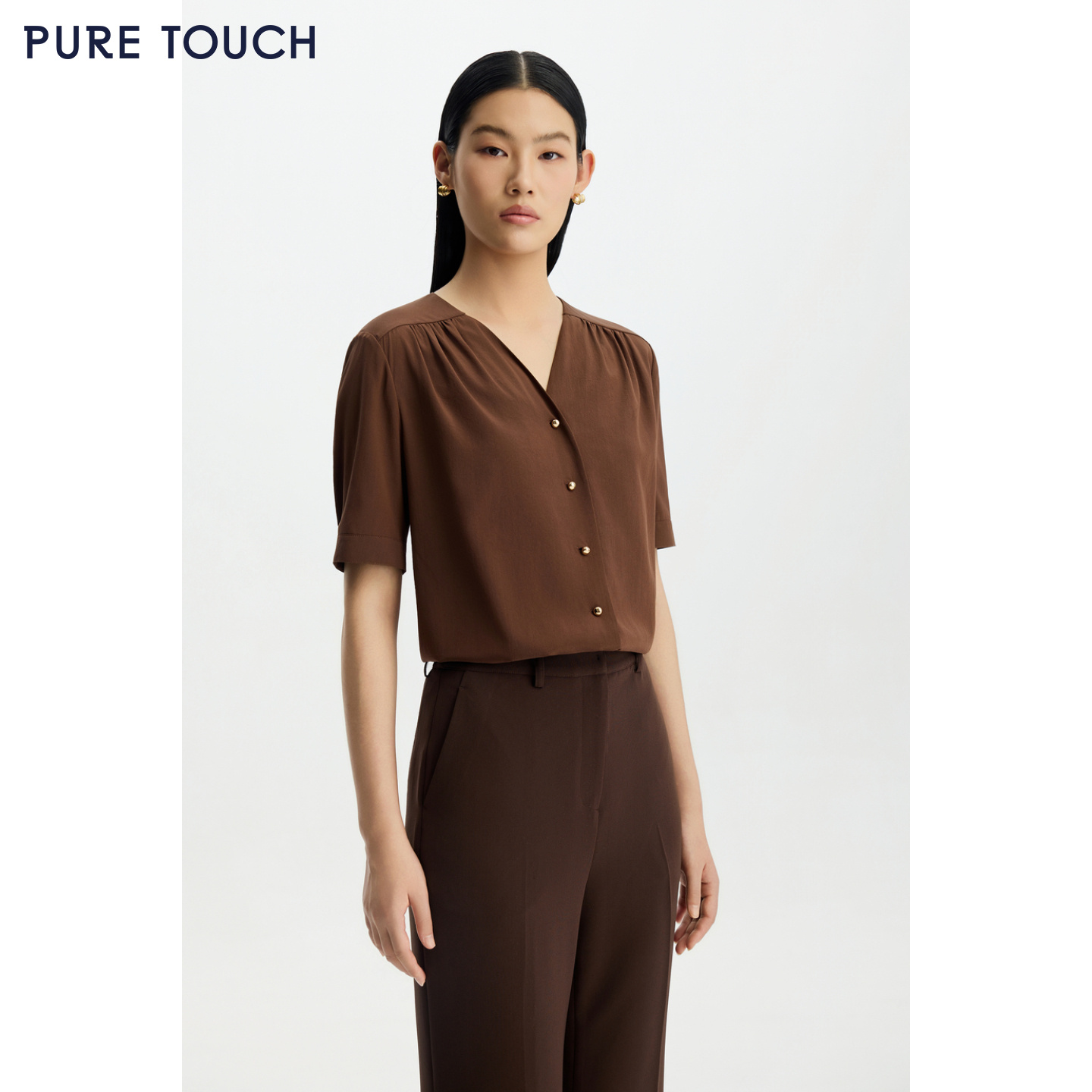 商场同款PURE TOUCH女装26春夏新款桑蚕丝衬衫v领抽褶短袖衬衣