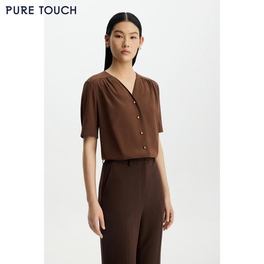 商场同款PURE TOUCH女装26春夏新款桑蚕丝衬衫v领抽褶短袖衬衣 商品图0