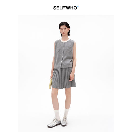 SELFWHO亚麻混纺撞色正肩圆领马甲背心女2026夏新款宽松开衫上衣 商品图1