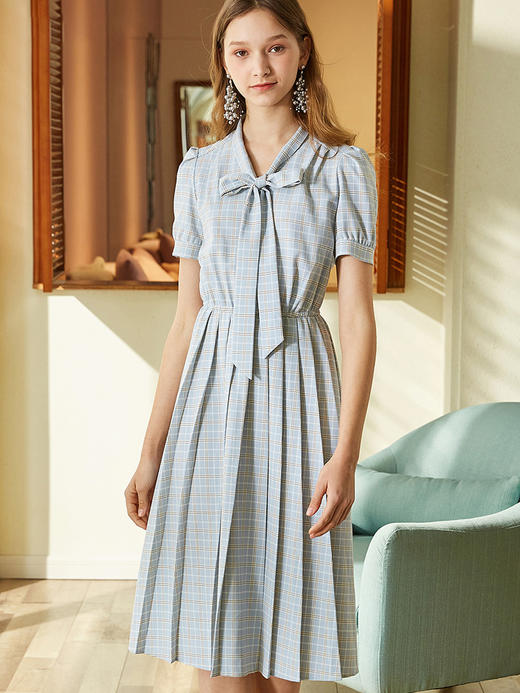 欧芮儿夏装女装格子连衣裙女中长款系带蝴蝶结百褶女裙 商品图1