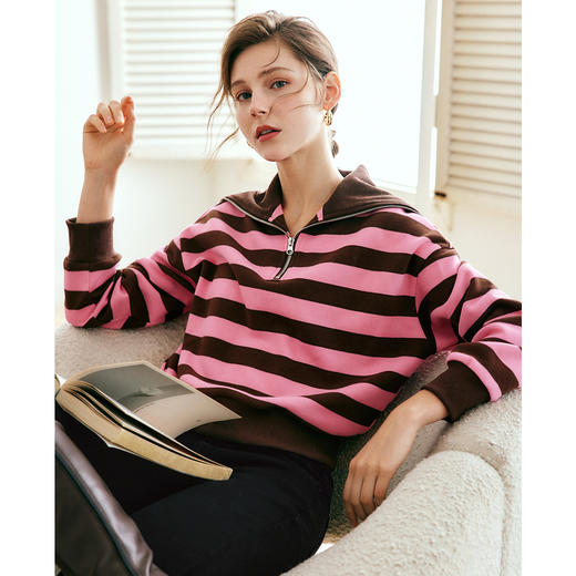 OLrain欧芮儿法式半拉链条纹卫衣女秋冬大翻领套头上衣 商品图1