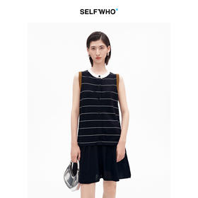 SELFWHO经典复古撞色条纹无袖连衣裙女2026夏新款直筒显瘦百褶裙