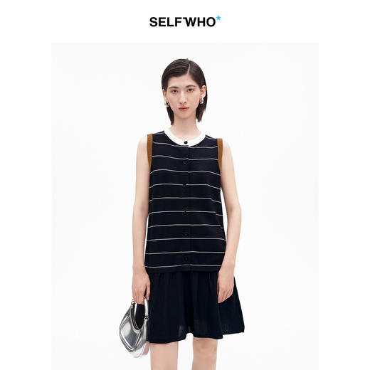 SELFWHO经典复古撞色条纹无袖连衣裙女2026夏新款直筒显瘦百褶裙 商品图0
