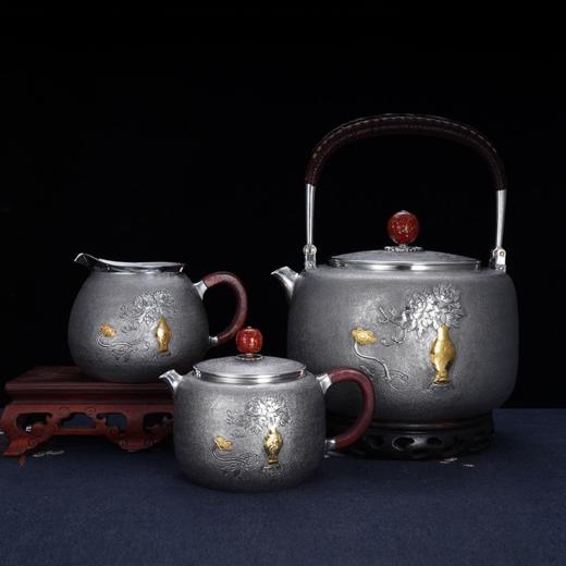 子佩集S999银【如意牡丹】提梁壶小茶壶公道杯摆件茶具套装【ZZ001】【ZZ002】【ZZ003】原创作品2311 商品图0