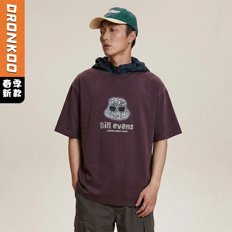 DRONKOO 2026 圆领前豹纹帽子眼镜喷色微阔短袖T恤