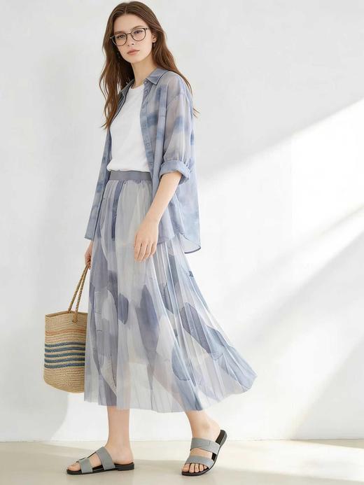 气质灰色水墨印花半身裙女装2026年夏季爆款轻盈垂感百褶裙子S-2XL 商品图2