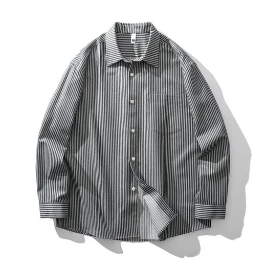 美式重磅水洗棉细条纹衬衫男春秋翻领休闲设计感宽松休闲衬衣外套 商品图2
