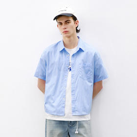 714street轻薄高密条纹短袖衬衫男女同款2026夏季潮牌情侣款衬衣