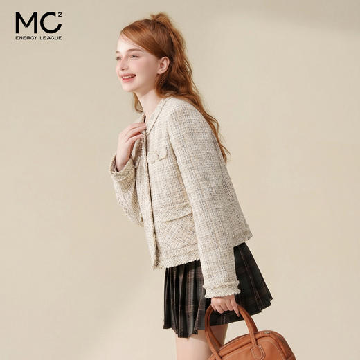 法式气质款显瘦圆领毛边拼接粗花呢小香风外套J3241637 商品图1