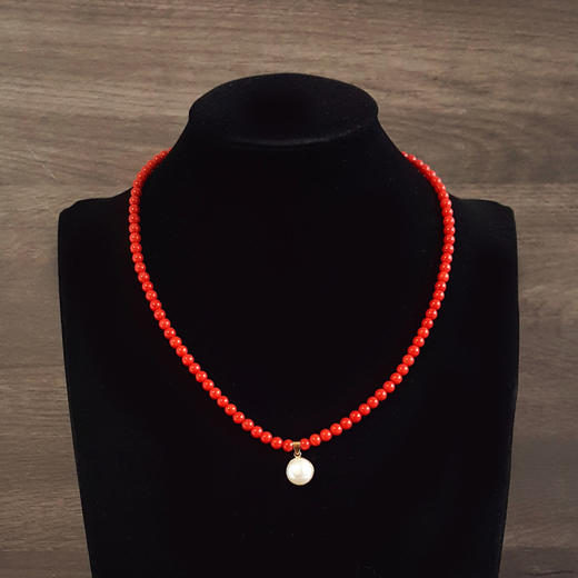 【天然正品】AU750黄金镶天然近完美约11.1MM珍珠吊坠配天然约5.1MM阿卡珊瑚珠串项链 链长：48CM 120226NJT22 商品图6