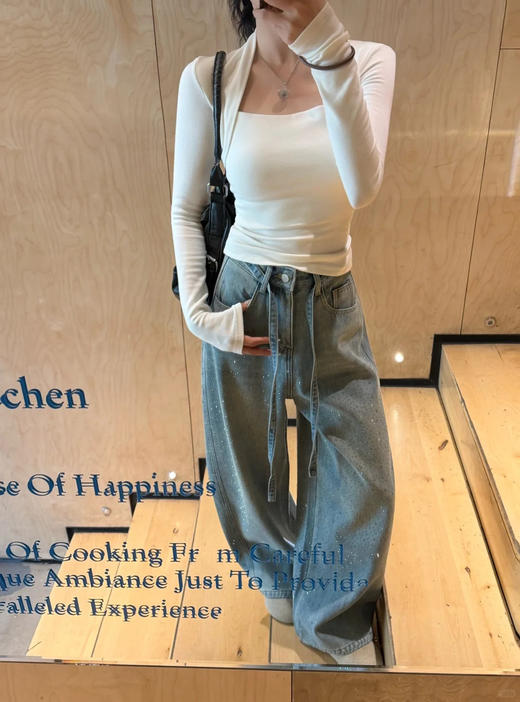 烫钻星河闪耀腰绳显瘦阔腿慵懒牛仔裤 商品图3