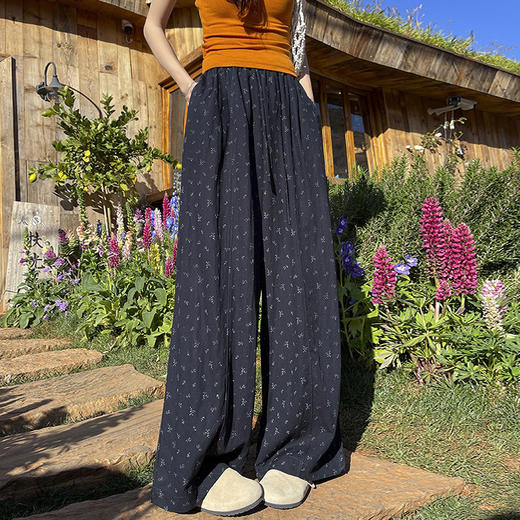 松紧高腰绑带小碎花弯刀阔腿裤2026春季新款韩系垂感宽松显瘦长裤   NDK-J2995 商品图3