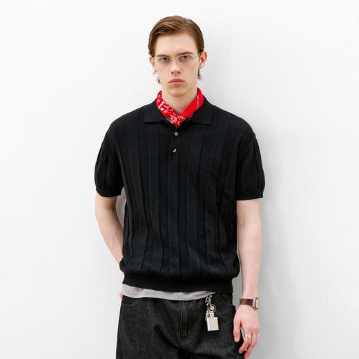 714street正肩合身暗条提花针织POLO衫2026夏季复古老钱短袖T恤男 商品图1