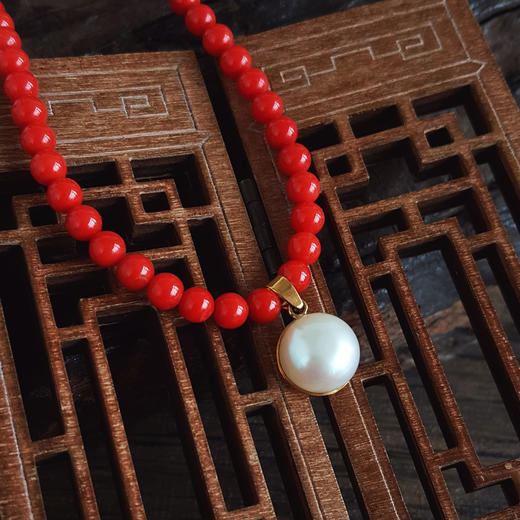 【天然正品】AU750黄金镶天然近完美约11.1MM珍珠吊坠配天然约5.1MM阿卡珊瑚珠串项链 链长：48CM 120226NJT22 商品图4