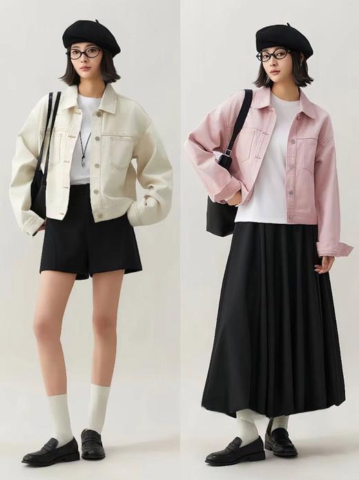 LONGNVFAIR彩棉牛仔外套，春季爆火穿搭，温柔又高级！纯棉水洗牛仔，柔雾粉/白色【3-7天发货，周末顺延】【G】 商品图4