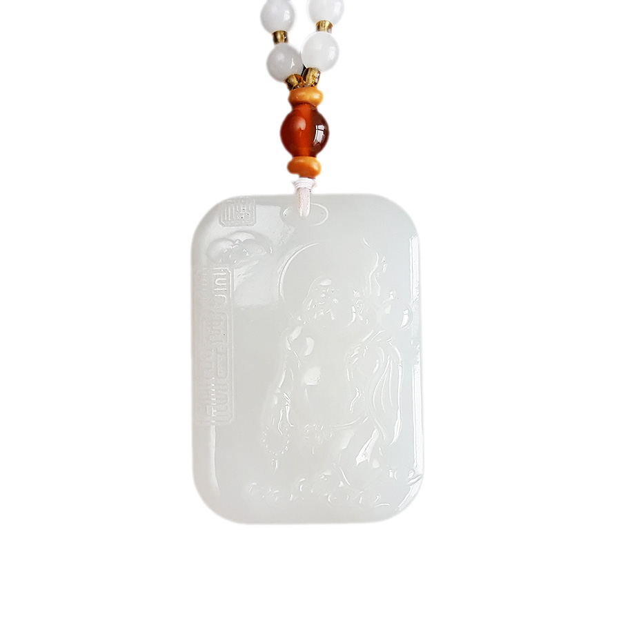 【天然正品】天然青海料细腻一级白雕佛公平安无事牌和田玉珠串项链 链长：38CM 140226NJS23