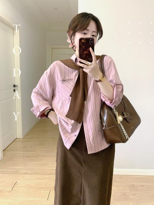 【百图lulu定制】【预售4月17日发】【女绅士衬衫】咖条纹 粉色  长袖衬衫 商品图3