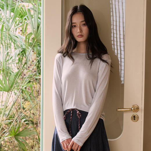 【2026春季新品】蚕丝羊毛・韩系经典打底衫 天丝莫代尔 桑蚕丝羊毛 简约圆领上衣轻薄微透罩衫长袖T恤 商品图0