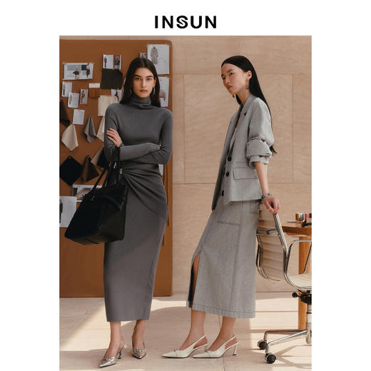 INSUN恩裳修身H型垂坠感醋酸包臀半身裙 商品图1