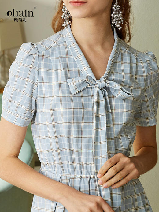 欧芮儿夏装女装格子连衣裙女中长款系带蝴蝶结百褶女裙 商品图3