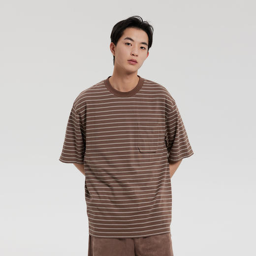 MODE COMMUTER | MC夹色纯棉针织休闲错位口袋横条纹圆领纯棉T恤 商品图3