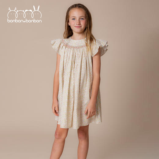 粉绿碎花小飞袖连衣裙 商品图1