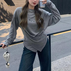 雀说 微胖mm 解构美学 显瘦收腰长袖T恤女交叉门襟宽松廓形上衣 WAL15865