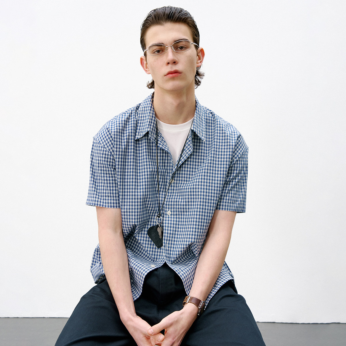 714street休闲宽松纯棉蓝色格子短袖衬衫男2026夏季miu系穿搭衬衣