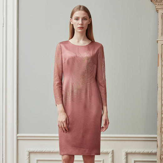 LA816夏季大羽毛圆领收腰气质中长款连衣裙 商品图0