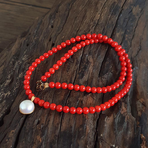 【天然正品】AU750黄金镶天然近完美约11.1MM珍珠吊坠配天然约5.1MM阿卡珊瑚珠串项链 链长：48CM 120226NJT22 商品图5