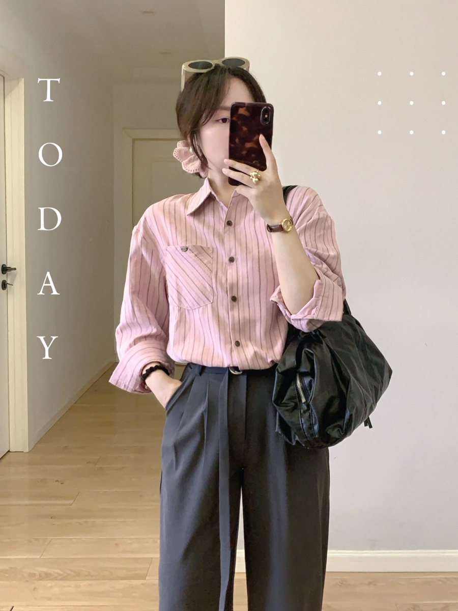 【百图lulu定制】【预售4月17日发】【女绅士衬衫】咖条纹 粉色  长袖衬衫