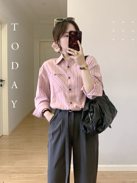【百图lulu定制】【预售4月17日发】【女绅士衬衫】咖条纹 粉色  长袖衬衫