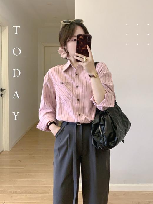 【百图lulu定制】【预售4月17日发】【女绅士衬衫】咖条纹 粉色  长袖衬衫 商品图0