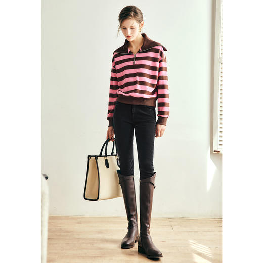 OLrain欧芮儿法式半拉链条纹卫衣女秋冬大翻领套头上衣 商品图3