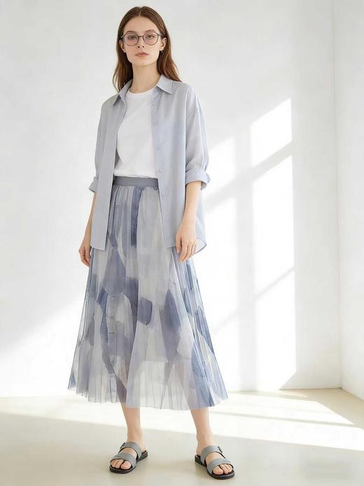 气质灰色水墨印花半身裙女装2026年夏季爆款轻盈垂感百褶裙子S-2XL 商品图3