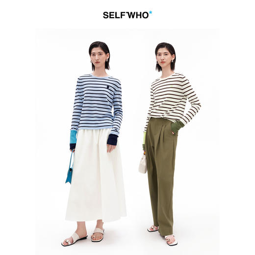 SELFWHO棉醋酸混纺撞色条纹长袖T恤女2026夏新款正肩宽松套头上衣 商品图3
