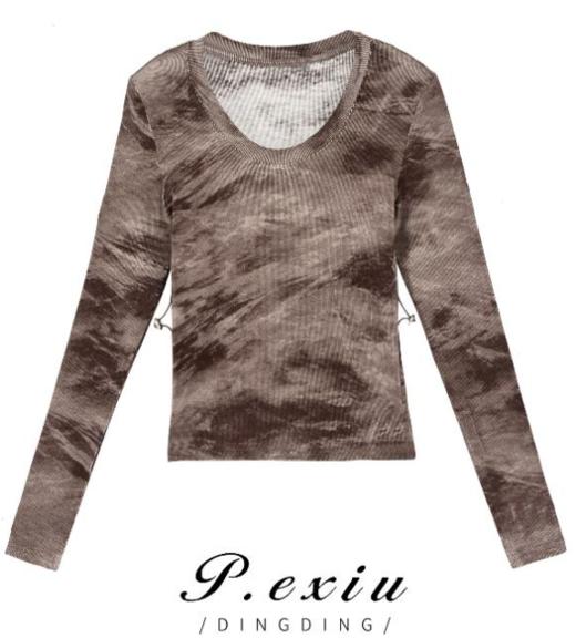 03-2潘依绣丁丁宠粉秋冬新款磨毛V领扎染修身显瘦长袖T恤 K3530 商品图0