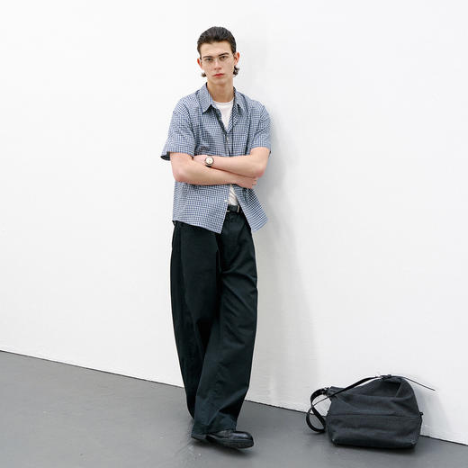 714street休闲宽松纯棉蓝色格子短袖衬衫男2026夏季miu系穿搭衬衣 商品图2