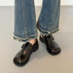 雀说大码皮带扣显瘦平底真皮乐福鞋女黑色百搭软底单鞋软皮圆头小皮鞋 WAL2-313
