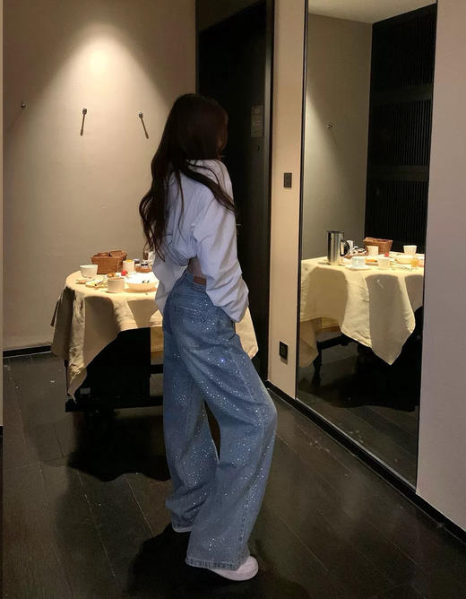 烫钻星河闪耀腰绳显瘦阔腿慵懒牛仔裤 商品图5