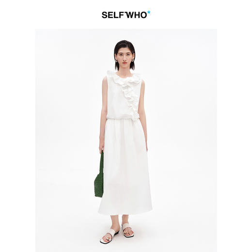SELFWHO棉混纺双层荷叶边装饰连衣裙女2026夏新款法式优雅无袖裙 商品图0