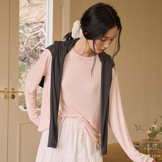 【2026春季新品】蚕丝羊毛・宽松明线打底衫 天丝莫代尔 春夏桑蚕丝羊毛上衣 纯色长袖T恤 商品图2